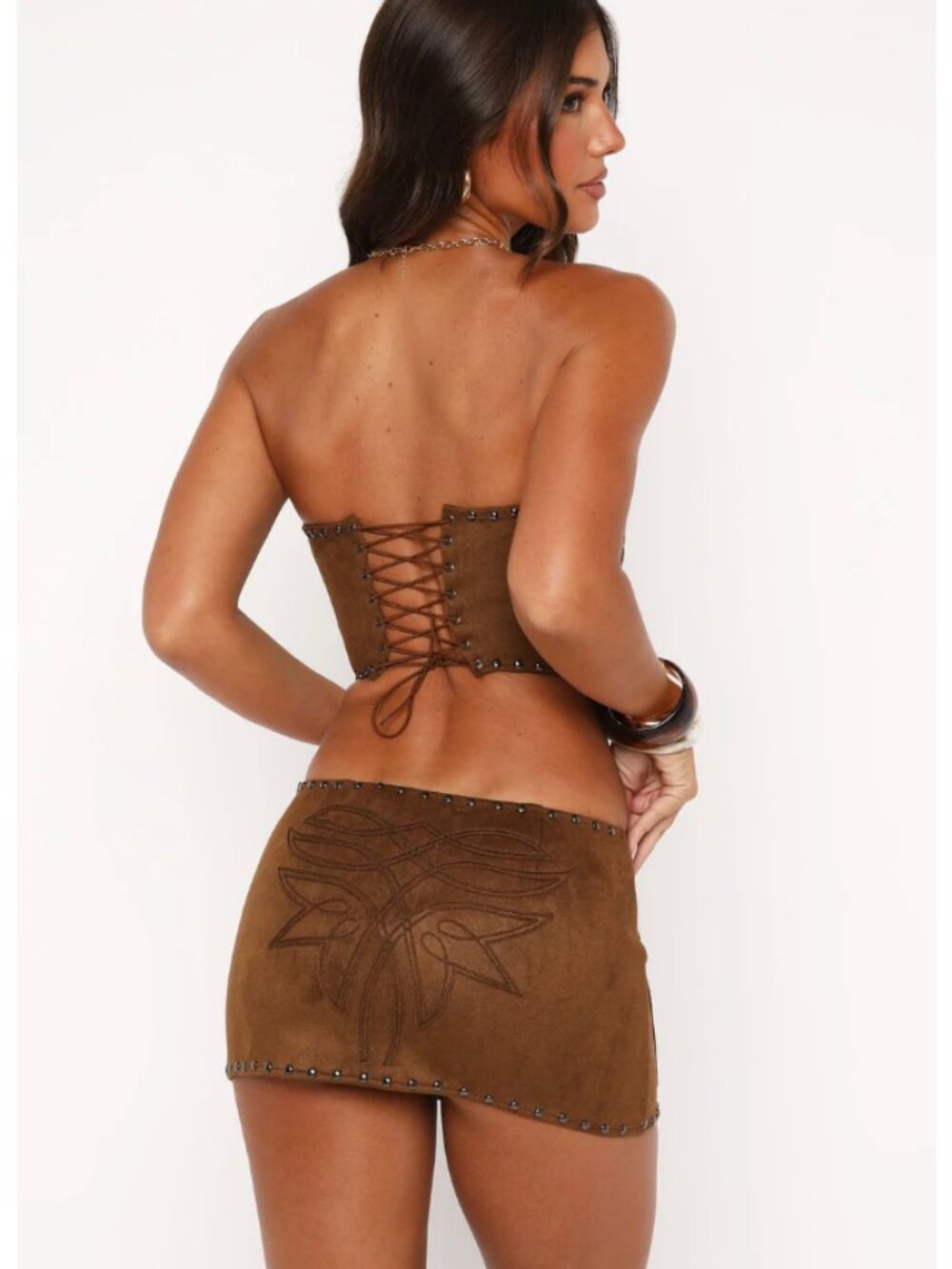 White Fox Boutique Faux Suede Mini Skirt + Strapless Top Set (New With Tags) - Picture 2 of 5